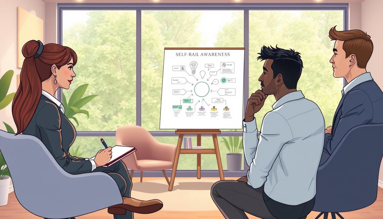 A warm, reflective meeting room where people journal and discuss self-awareness, greenery beyond the window