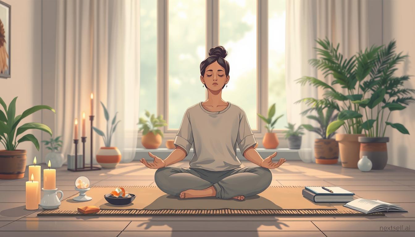 A peaceful indoor meditation setting with soft light, plants, and a journal