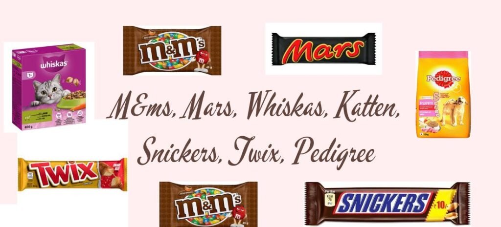 M&ms, Mars, Whiskas, Katten, Snickers, Twix, Pedigree